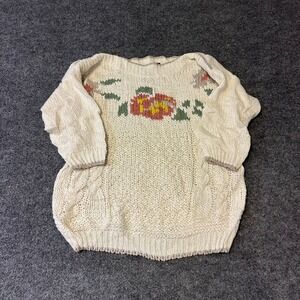 Needles & Yarn Sweater Womens Size L Cream Handknit Floral Chunky Cable Knit